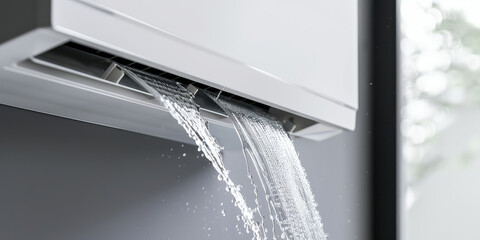 Water is running down the wall from the wall-mounted air split conditioner. Condensate leakage, broken air conditioner, appliance repair.