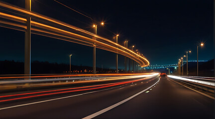 Fototapeta na wymiar Trucks on highway, street in night time. Motion blur, light trails. Transportation, logistic. Timelapse, hyper lapse of transportation. Abstract straight soft glowing lines., line