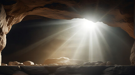 Empty tomb with stone rocky cave and light rays bursting from within, dark cave with concept of bright sunlight, sun shine