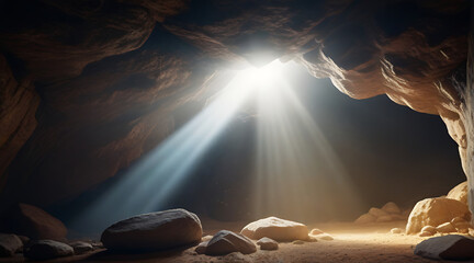 Empty tomb with stone rocky cave and light rays bursting from within, dark cave with concept of bright sunlight, den