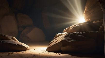 Empty tomb with stone rocky cave and light rays bursting from within, dark cave with concept of bright sunlight, sun - obrazy, fototapety, plakaty