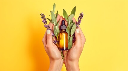 Natural skincare concept with lavender. Hands holding organic beauty oil. Wellness and self-care, simple background. Herbal remedy, vibrant colors. AI - obrazy, fototapety, plakaty
