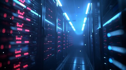 Modern Data Technology Center Server Racks in Dark Room