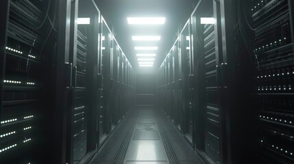 Modern Data Technology Center Server Racks in Dark Room
