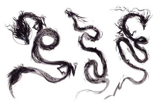 Watercolor painting in Chinese ink style, Sumie, 3 dragons collection