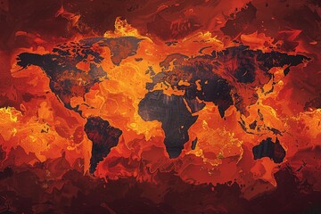 World map with wildfire zones, orange and red hues, dramatic 2D artwork.