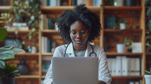 A female doctor is sitting at her laptop