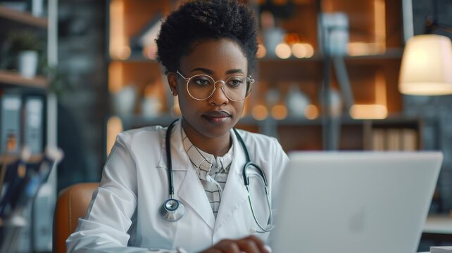 A female doctor is sitting at her laptop
