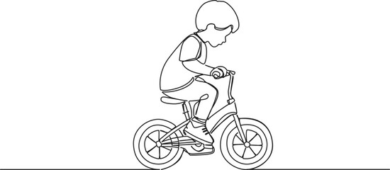 continuous single line drawing of young boy on childrens bicycle, line art vector illustration