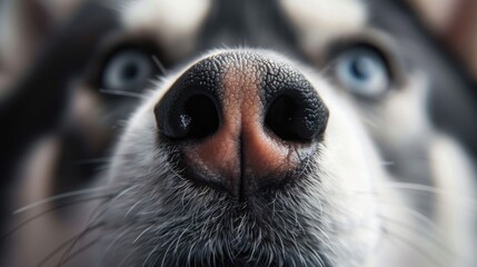 A little funny Siberian, husky dog sniff close up. Cute cheerful doggy nose closeup. Male curios puppy. Nice pup begs for a treat. Pet store concept. Human best friend. Fun joke. Macro photo.
