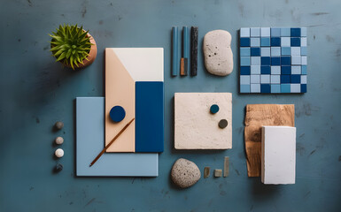 Modern flat lay composition with cement tiles, panels, facing, stones. Stylish interior designer moodboard. Blue, blue and gray color palette. Copy space. Template.