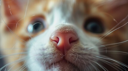 A little funny orange cat sniff close up. Cute cheerful redhead kitty pink nose closeup. Male...
