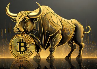bull financial bitcoin or crypto market concept in gold and black color with copyspace area.