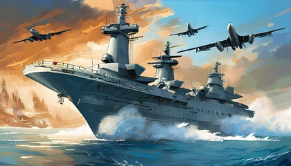 panoramic view of a generic military aircraft carrier ship with fighter jets take off during a special operation at a warzone. - obrazy, fototapety, plakaty