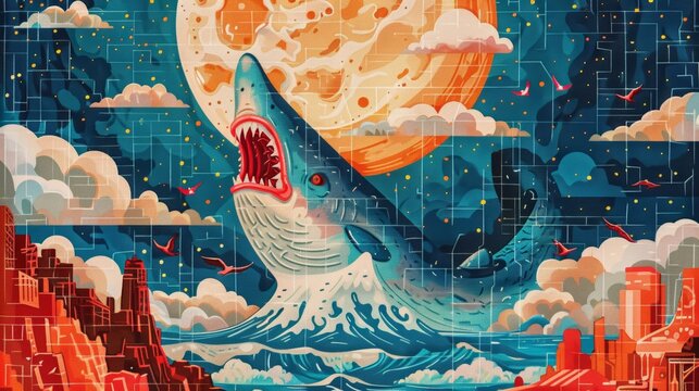 Giant sharks rise above flooded metropolitan cities, clouds, blue skies, Embroidery