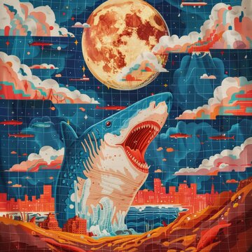 Giant sharks rise above flooded metropolitan cities, clouds, blue skies, Embroidery