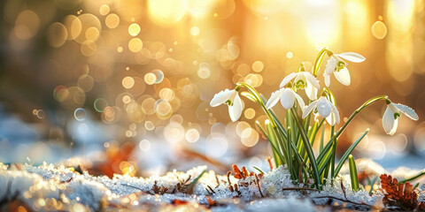Beautiful snowdrop flowers blooming on white snow with sun shining in the background