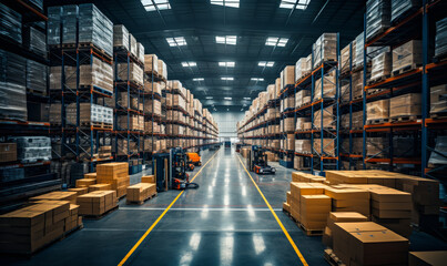 Vast Warehouse Interior: High Shelves, Forklifts, and Efficient Storage Solutions in a Modern Facility - obrazy, fototapety, plakaty