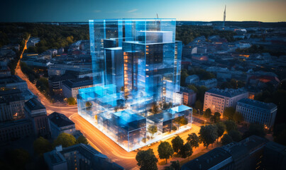 Futuristic Architectural Design Projection Overlay on City Block Under Construction at Night, Wireframe Hologram Building Visualization