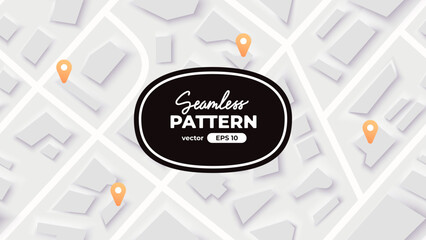 Seamless pattern. City map navigation. GPS navigator. Point marker icon. Top view, view from above. Abstract background. Simple realistic design. Flat style vector illustration. White colors.