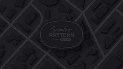 Seamless pattern. City map navigation. GPS navigator. Point marker icon. Top view, view from above. Abstract background. Simple realistic design. Flat style vector illustration. Dark, black colors.