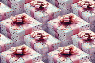 Fototapeta na wymiar Gift boxes with pink ribbons pattern in 3D effect