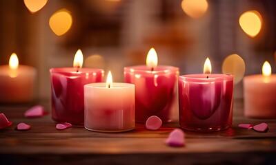 Obraz na płótnie Canvas Heart-shaped candles casting a warm glow, foreground sharply in focus against a softly blurred bokeh background, embodying the essence of Valentine's Day, perfect for a romantic wallpaper, warm color 
