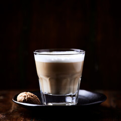 Coffee with milk on rustic wooden background. Soft focus. Close up. Copy space.	