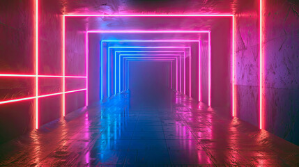 A Tunnel of Neon Lights in a Dark Room