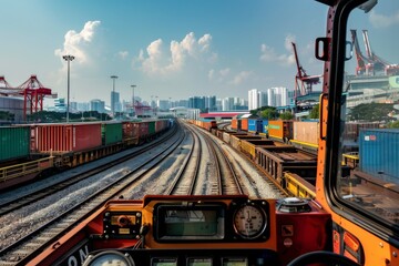 Cargo Train Traveling Along Urban Train Tracks - obrazy, fototapety, plakaty