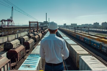 Fototapeta na wymiar Man Standing on Railroad Track Observing Trains