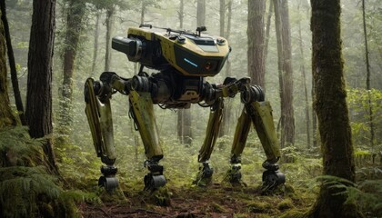 A quadrupedal robot traverses a dense forest, equipped with sensors and camouflaged for exploration. - obrazy, fototapety, plakaty