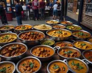 Variety of cooked curries on display at Camden Market