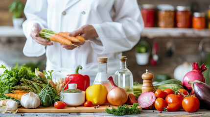 Obraz na płótnie Canvas Chef preparing fresh vegetables, focus on vibrant carrots