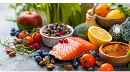 A colorful assortment of nutritious foods with salmon at the forefront