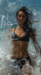 beldade mulher com corpo fitness molhada com onda do mar 