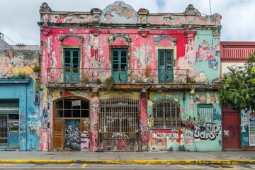 Fototapeta premium Faded, graffiti-covered facade of an old building with a decaying second-story balcony. Layers of peeled paint and plants suggest long-term neglect in a once vibrant area.