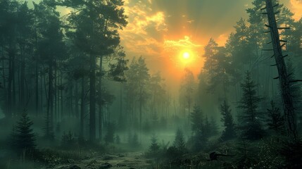   A forest teeming with numerous trees Sun rays pierce clouds, illuminating trees afar Amidst them, a river winds its course