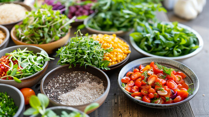 Assorted fresh, healthy ingredients displayed in bowls on a table