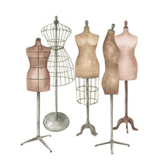 Vintage sewing collection  with mannequin. Hand drawn watercolor  illustration on white background