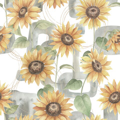 Abstract floral print with  sunflower, geometric shapes and golden elements on white background. Watercolor seamless pattern. Hand drawn  illustration. Mixed media art