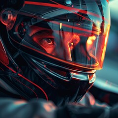 Car driver in a high-tech helmet, eyes locked forward, gripping the steering wheel, the starting line reflecting in visor, intense focus, evening race ambiance, text space on the side.