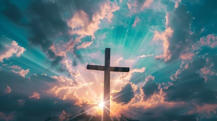 Majestic wooden cross silhouetted against a vibrant sky, rays of hope piercing the clouds, a spiritual symbol of faith and redemption.