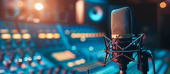microphone in the modern studio with audio mixer. recording studio concept background