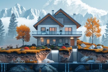 Modern home on a floating landmass with a waterfall, against a backdrop of misty mountains and autumn trees. illustration of geothermal heating system in a residential home, - obrazy, fototapety, plakaty