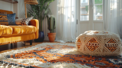 Detail shot of a decorative area rug in a Moroccan-inspired sitting room, modern interior design, scandinavian style hyperrealistic photography