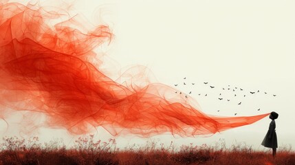   A woman stands in a field as a flock of birds takes flight against a backdrop of a red smoke cloud ascending in the sky