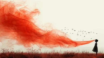 Fotobehang   A woman stands in a field as a flock of birds takes flight against a backdrop of a red smoke cloud ascending in the sky © Shanti