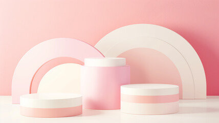 Abstract pastel 3D podium for product display, blending cream, pink, and white shades in a minimal scene with luxury appeal