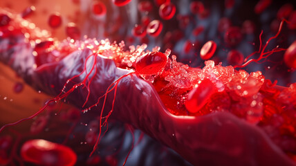 Photorealistic 3D representation of clogged arteries in the context of cardiovascular research, displayed against a scientifically accurate backdrop